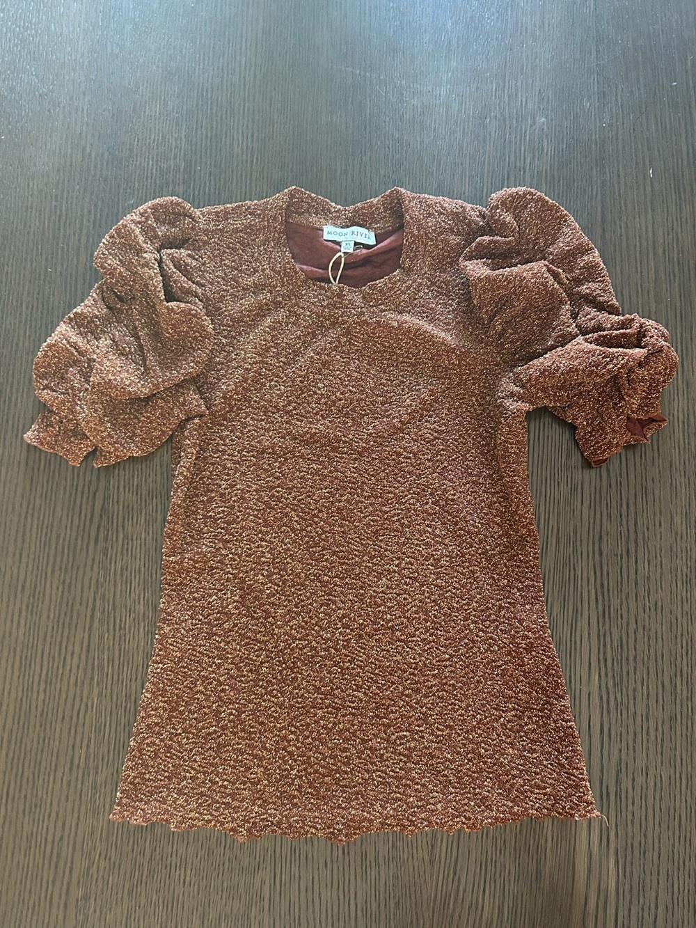 Moon River Metallic Brown Puff Sleeve Short Sleeve Top. NWT!